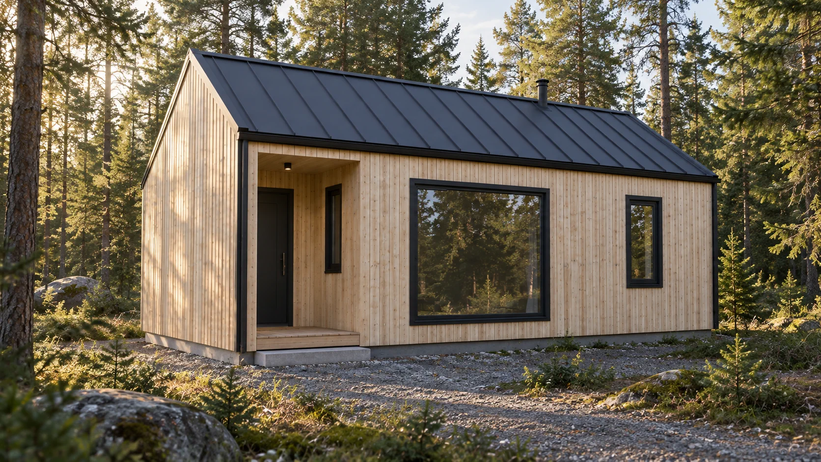 Model 34,5 m² - wizualizacja koncepcyjna domu w otoczeniu lasu.