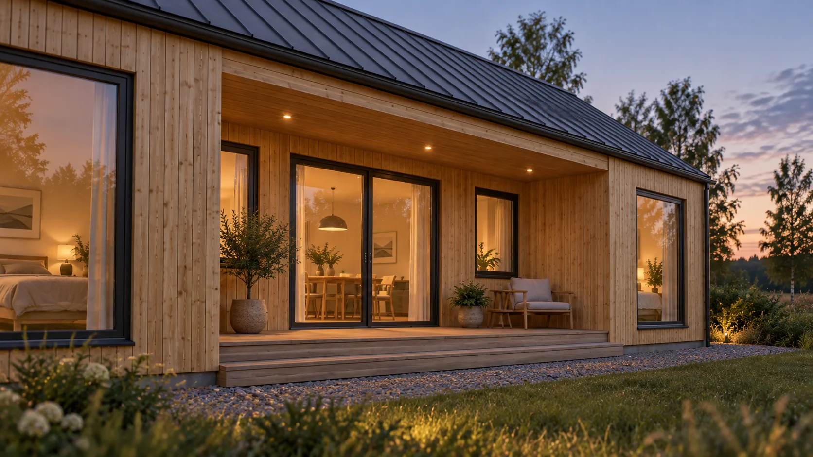 Model 46 m² - zadaszony podcień i wejście domu Trega, wizualizacja koncepcyjna.
