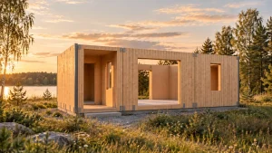 Model 34,5 m² - etap 5: kompletna bryła z wyciętą wnęką wejściową, przed montażem dachu.