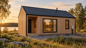 Model 34,5 m² - etap 7: elewacja drewniana oraz instalacje przy domu.