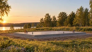 Model 46 m² - etap 1: przygotowana płyta fundamentowa pod cztery moduły CLT.