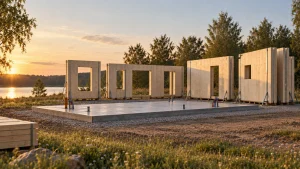Model 46 m? ? etap 3: rozpakowane lite panele CLT stoj?ce na podporach przy p?ycie fundamentowej.