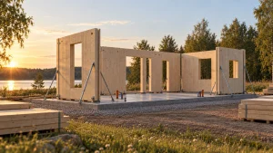 Model 46 m? ? etap 4: pierwsze ?ciany z litego CLT ustawiane na p?ycie i podparte zastrza?ami.