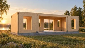 Model 46 m² - etap 5: kompletna bryła z szerokim podcieniem, przed montażem dachu.