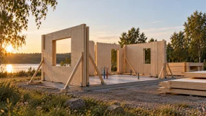 Model 69 m? ? etap 4: pierwsze ?ciany parteru z litego CLT ustawiane na p?ycie i podparte zastrza?ami.
