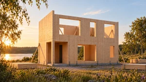 Model 69 m² - etap 5: parter z podcieniem, podczas montażu piętra.